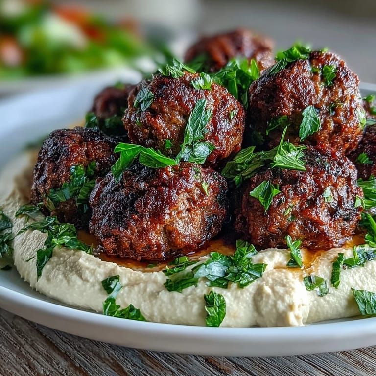 Golden-brown venison meatballs are arranged beside a bright salad and rich hummus, ready for a satisfying Mediterranean-inspired meal.
