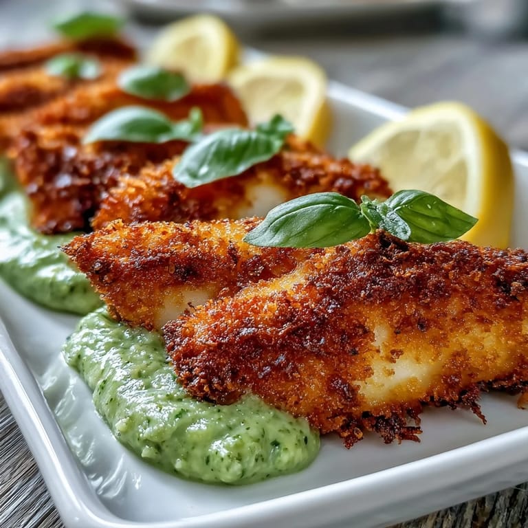 Freshly baked haddock goujons sit beside a bowl of vibrant pea pesto, highlighting the dish’s crisp texture and bold flavors.