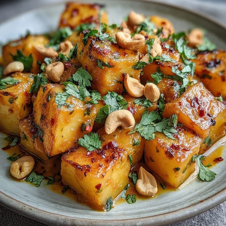 Hearty vegetarian curried celeriac in a rich golden sauce, topped with toasted cashews and fresh herbs, perfect for a cozy weeknight dinner.