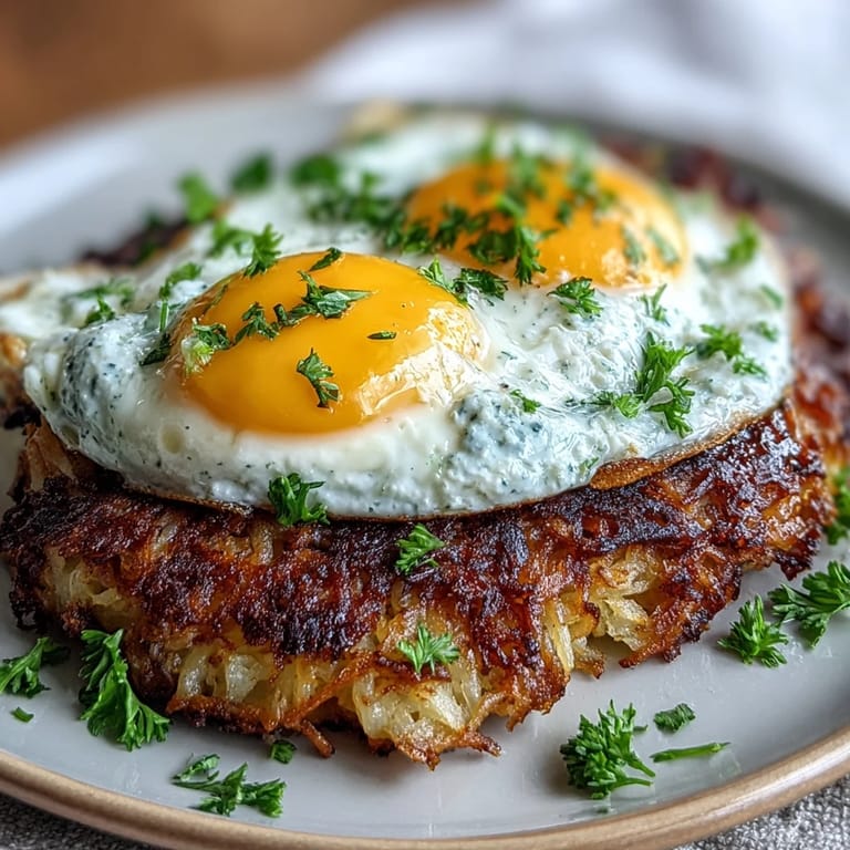 A vibrant vegetarian brunch plate featuring gluten-free celeriac rösti, tangy harissa yogurt, and sunny-side-up eggs.  