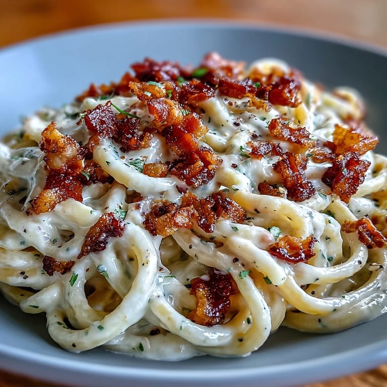 A close-up of Celeriac Carbonara in a skillet, featuring al dente celeriac noodles tossed with golden pancetta and a rich egg-Parmesan sauce.