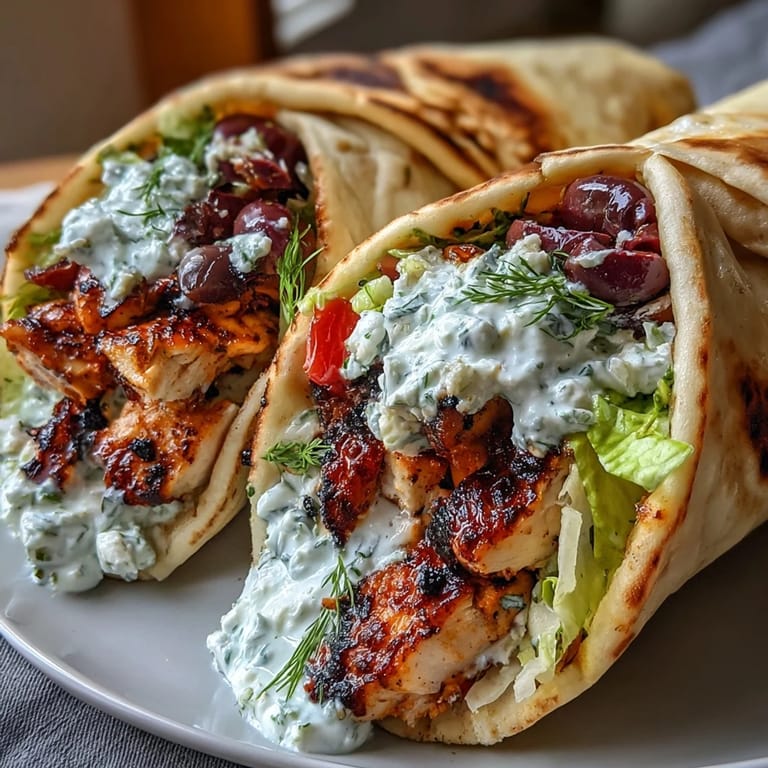 Golden charred chicken strips topped with creamy feta tzatziki, crisp lettuce, tomatoes, and olives for a fresh gyro wrap.