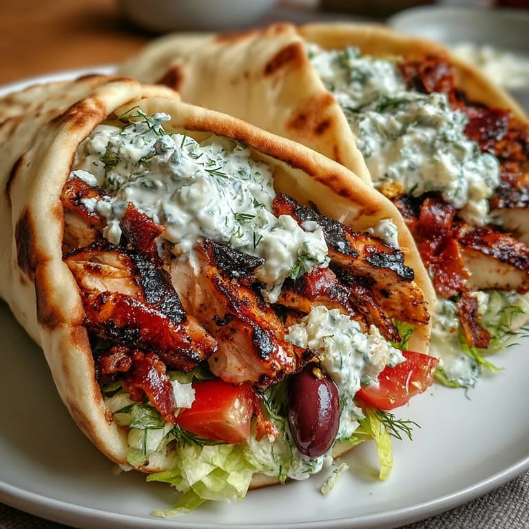 Mediterranean Chicken Gyros with creamy feta tzatziki, sliced chicken, and fresh toppings arranged on a plate for dinner.