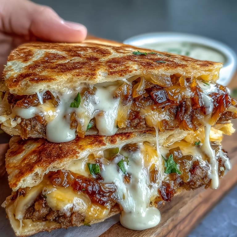 Golden-brown Cheesy Griddled Smashburger Quesadillas stacked high with onions and served with a side of tangy sauce.