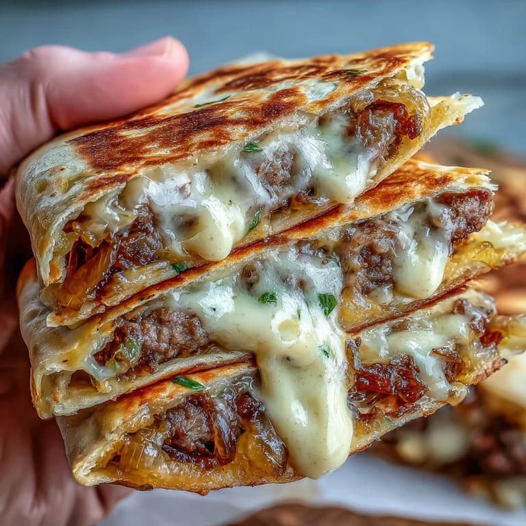 A hearty serving of Cheesy Griddled Smashburger Quesadillas on a plate, garnished with pickles and fresh cilantro.