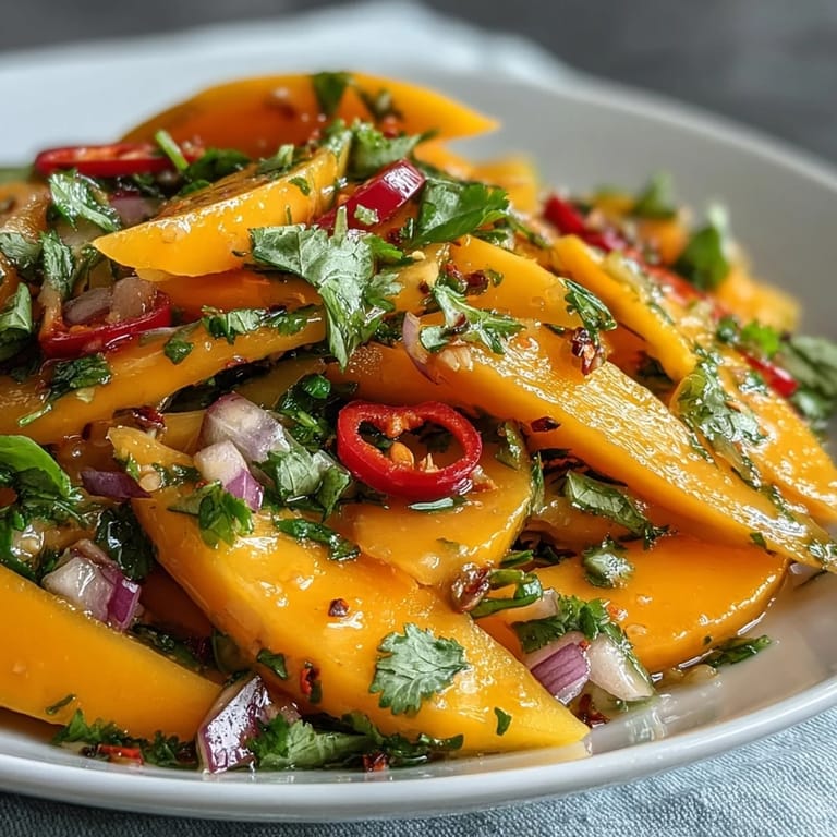 Juicy mango strips tossed with crisp vegetables and cilantro in a tangy lime dressing, served as a colorful, vegetarian and gluten-free side dish.