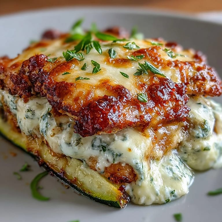 A serving of the High Protein Chicken Zucchini Bake plated with fresh basil garnish, showing tender chicken and zucchini in a creamy sauce.