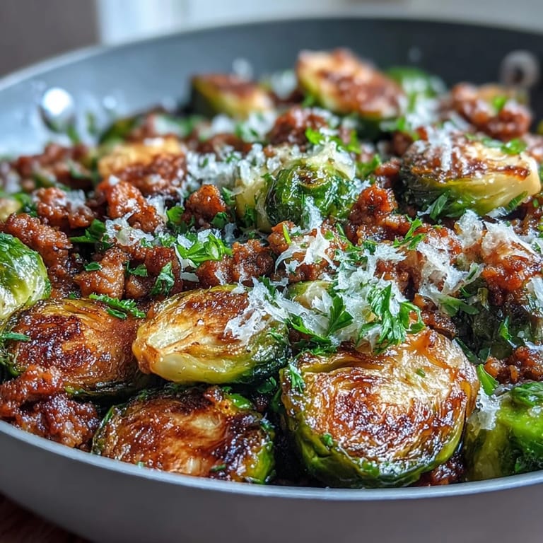 Hearty Brussels sprouts and turkey skillet topped with melted Parmesan, served with lemon wedges on a linen napkin.