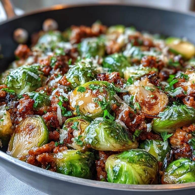 Fork-tender Brussels sprouts and seasoned ground turkey mingle with onions, finished with fresh lemon and parsley.