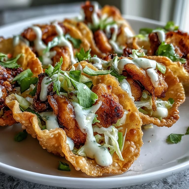 Golden-fried Crispy Chicken Wonton Tacos topped with tangy lime slaw and a drizzle of spicy mayo, ready for dinner.