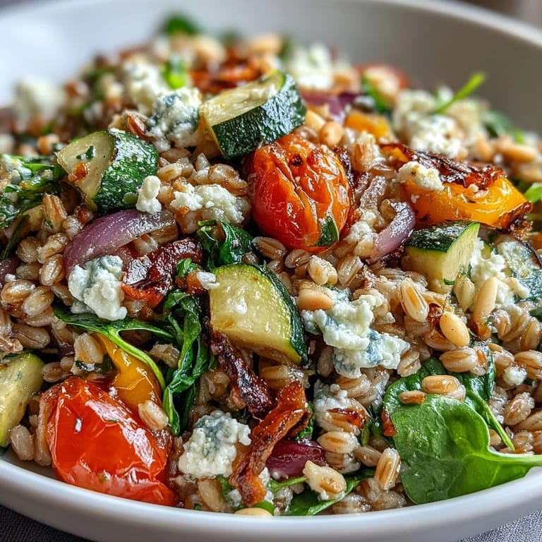 A close-up of Mediterranean Farro Pasta Bowl topped with toasted pine nuts and fresh parsley.