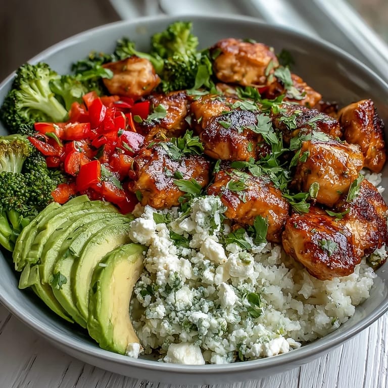 Creamy avocado slices and a drizzle of tangy sauce top off a freshly prepared cauliflower rice bowl.
