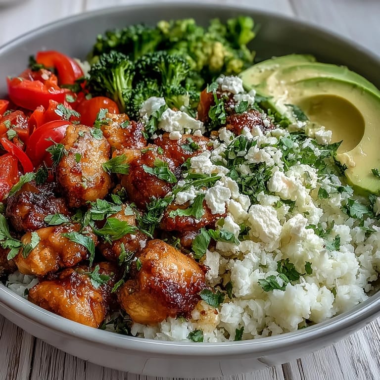 Colorful diced red bell peppers and fresh cherry tomatoes add vibrant flavor to this low-carb meal.