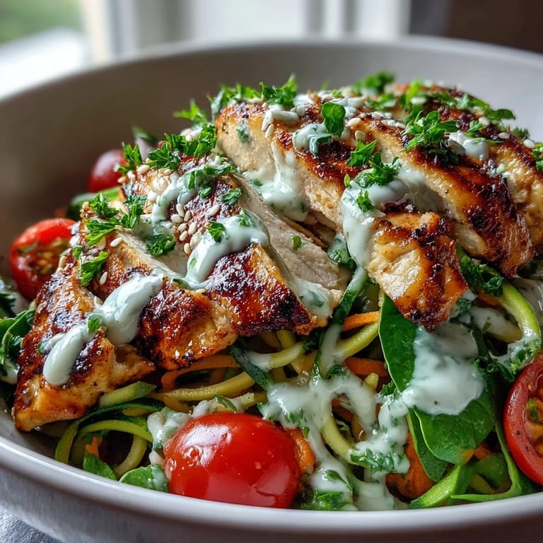 Fresh Spiralized Vegetable Bowl featuring juicy cherry tomatoes, baby spinach, and herbs, drizzled with lemon-tahini sauce and finished with toasted sesame seeds for a nourishing vegetarian meal.