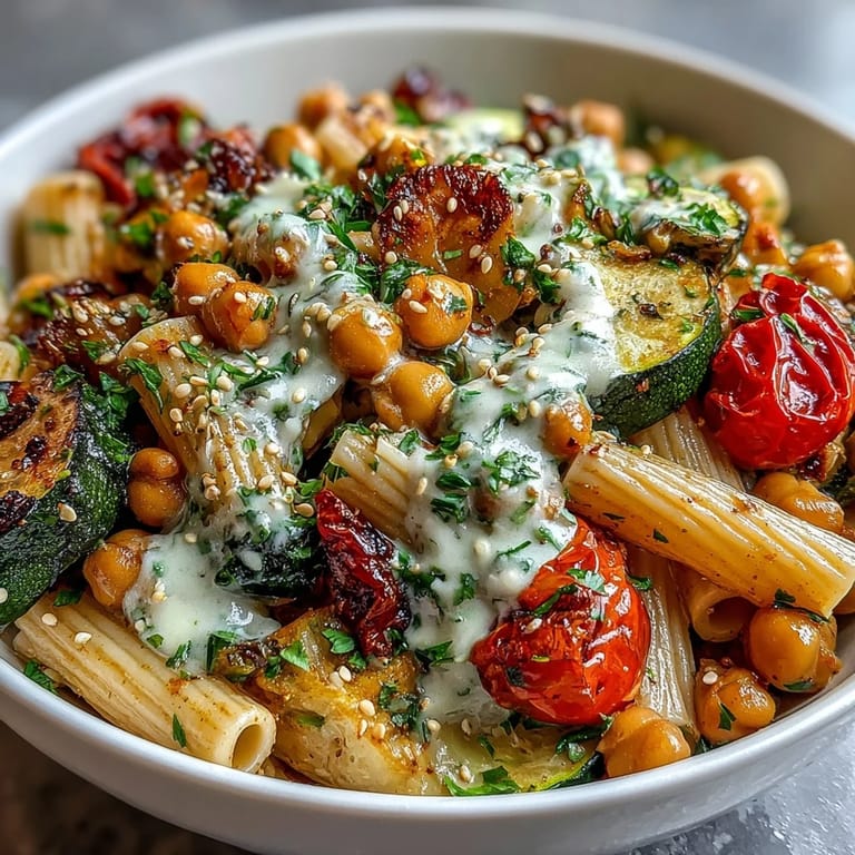 A close-up of a Mediterranean-inspired chickpea pasta bowl, garnished with sesame seeds and ready to serve.