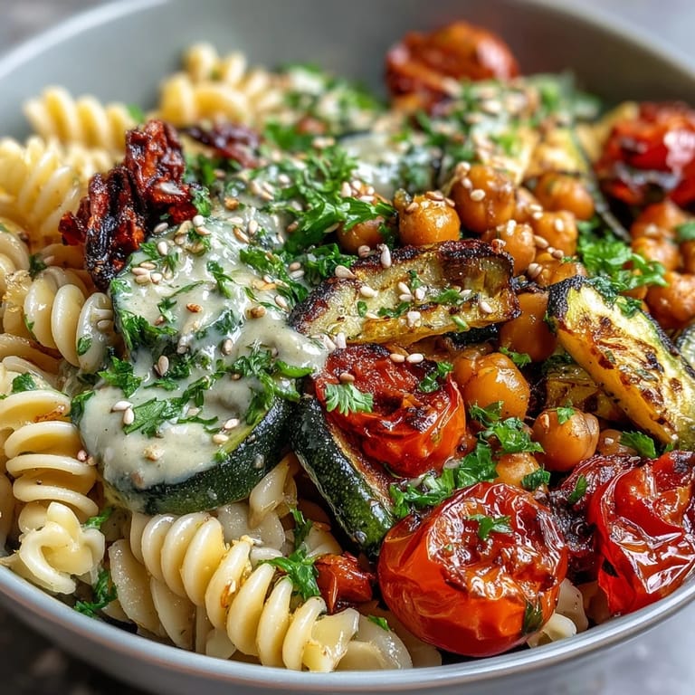 Freshly cooked chickpea pasta topped with vibrant zucchini, bell pepper, and parsley, drizzled with tahini sauce.