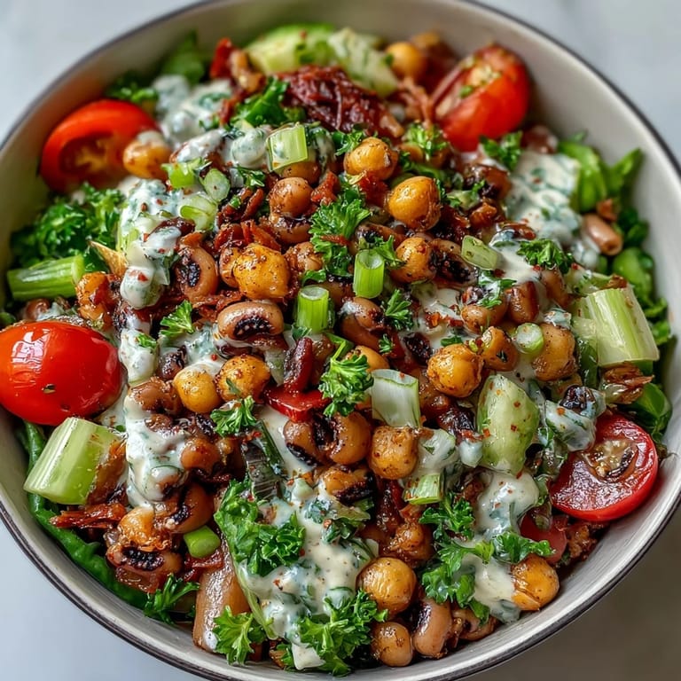 Healthy vegan New Years Hoppin John Salad served over rice with cherry tomatoes and green onions, perfect for a lucky New Year meal.