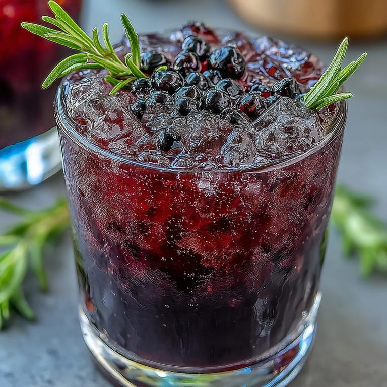 Close-up of the Black Currant Rosemary Cocktail resting on a slate coaster, garnished with dark berries and a rosemary sprig, ready to be savored.
