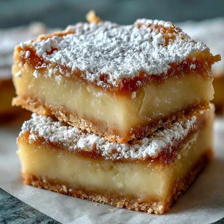 A single bar of Earl Grey Tea, Guava, and Lemon Bars rests on a white plate, dusted with powdered sugar next to a steaming cup of Earl Grey tea.