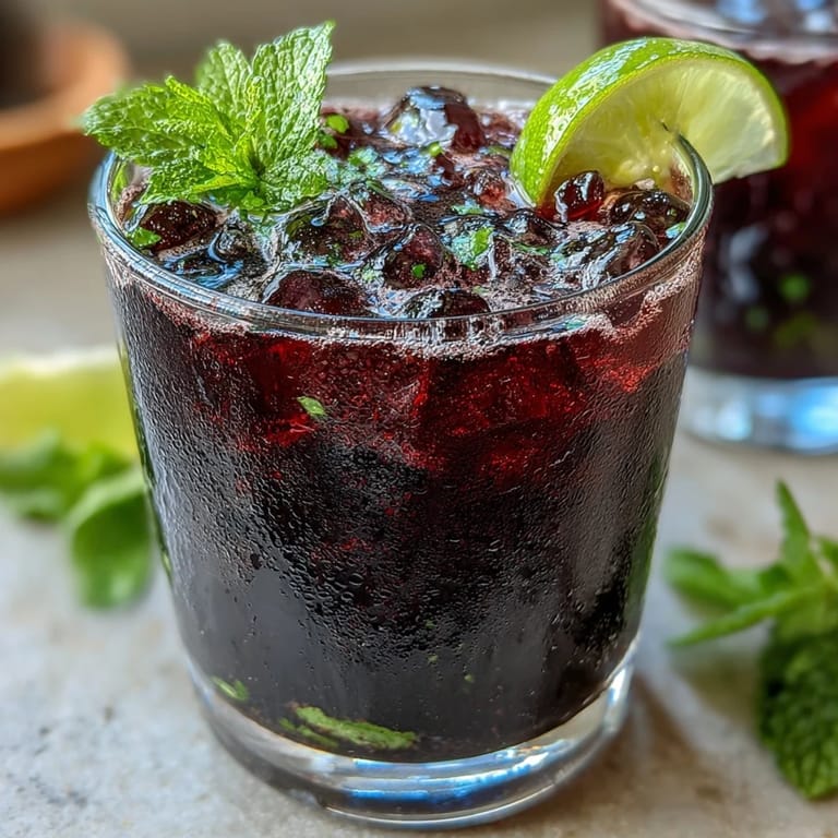 A tall glass of Black Currant Mojito garnished with fresh mint and black currant berries, set against a bright, sunny outdoor background.