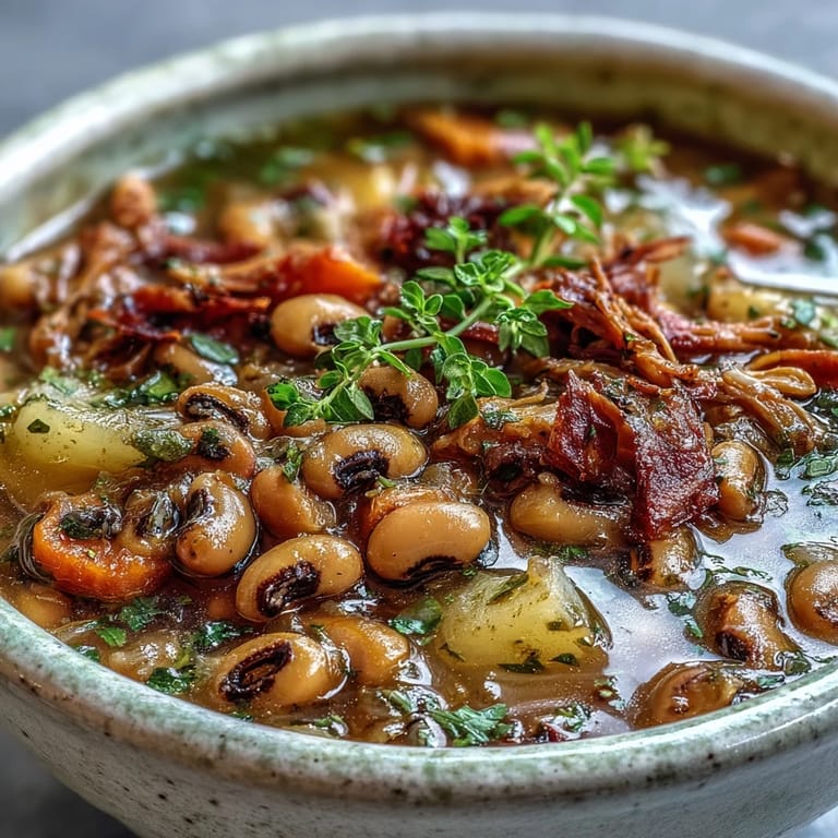 A steaming pot of Black-Eyed Pea Stew with Smoked Ham Hocks, featuring tender vegetables in a rich, savory broth, ready to serve.