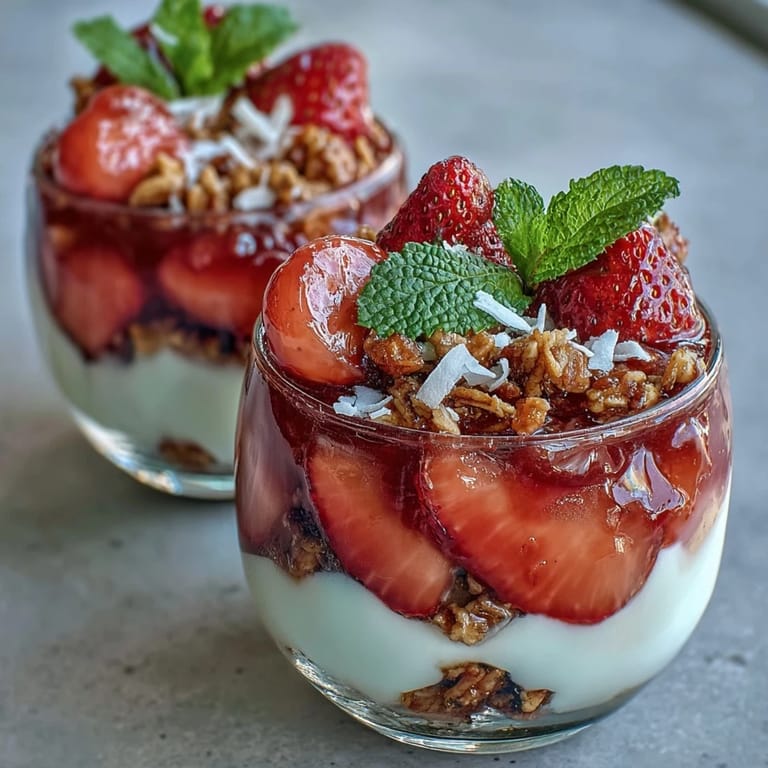 Crunchy granola and coconut topping on a guava yogurt parfait for breakfast.