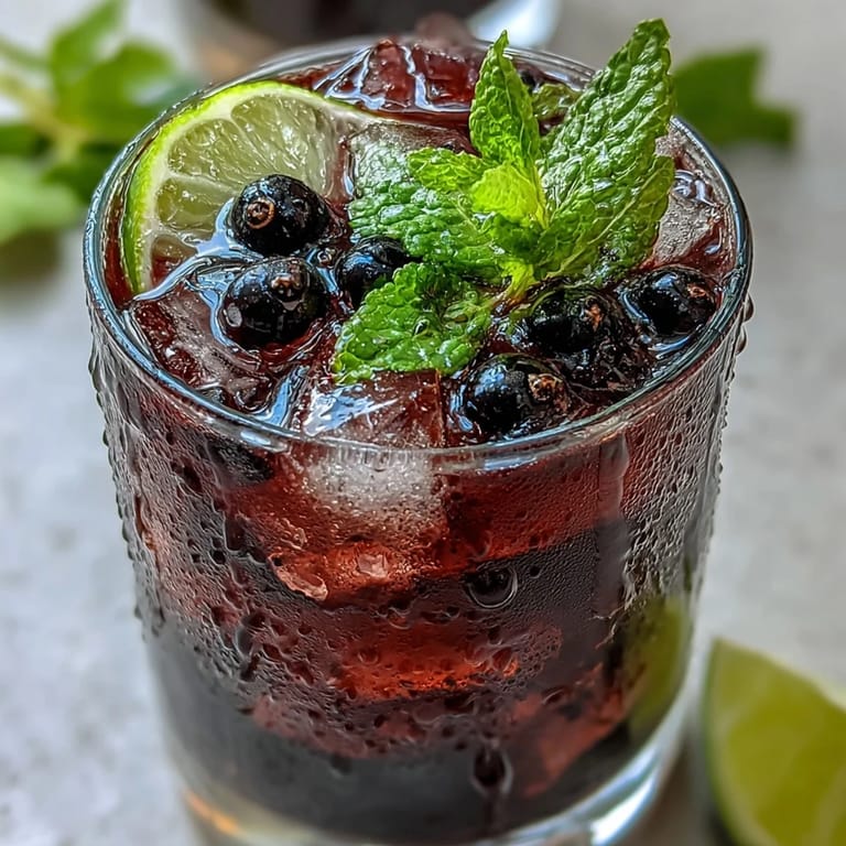 Two glasses of Tangy Blackcurrant Mojito garnished with mint sprigs, blackcurrants, and bright lime slices.
