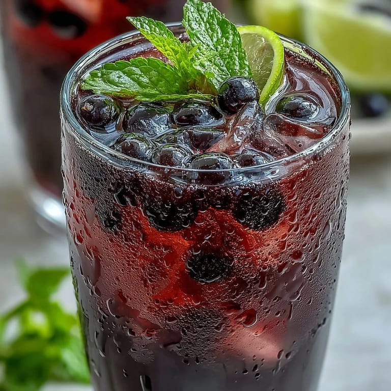 Refreshing Tangy Blackcurrant Mojito in a highball glass, served over ice with a vibrant purple hue.