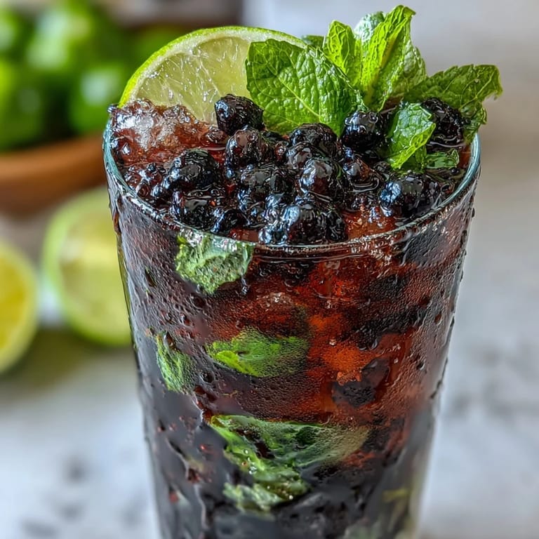 Homemade Black Currant Mojito featuring muddled mint and lime, mixed with white rum and black currant jam.
