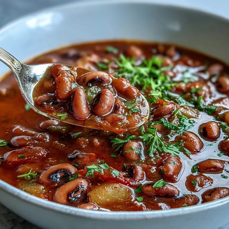 Comforting Black-Eyed Pea Stew in a rustic pot, showcasing tender carrots and potatoes in a rich, savory tomato broth.
