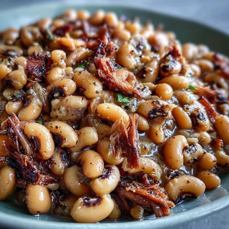 Tender black-eyed peas in savory broth with shredded smoked turkey, a classic Southern American comfort food.