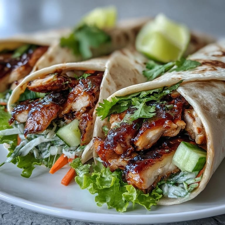 Two Sweet Chili Chicken Wraps are cut in half on a wooden board, paired with lime wedges and a crisp side salad.