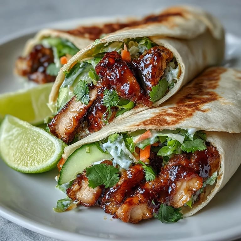 Folding a warm flour tortilla filled with Sweet Chili Chicken Wraps, including lettuce, cucumbers, and sautéed chicken strips.