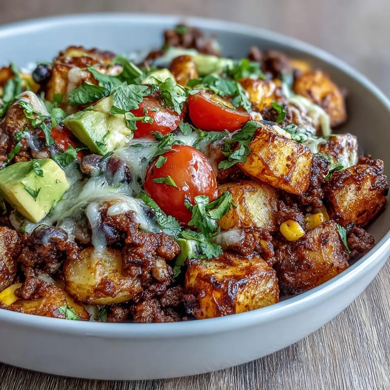 A hearty Loaded Potato Taco Bowl features golden potatoes, black beans, corn, fresh avocado, and a dollop of sour cream.