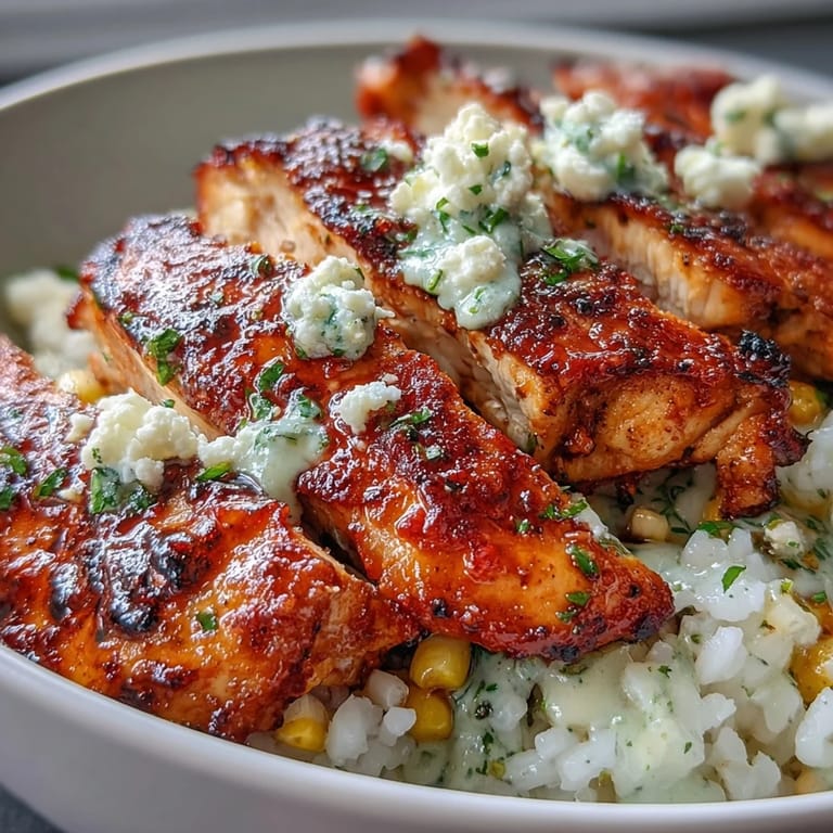 Savory seasoned chicken, vibrant street corn, and avocado garnish a hearty Street Corn Chicken Rice Bowl, finished with cilantro and Cotija cheese.
