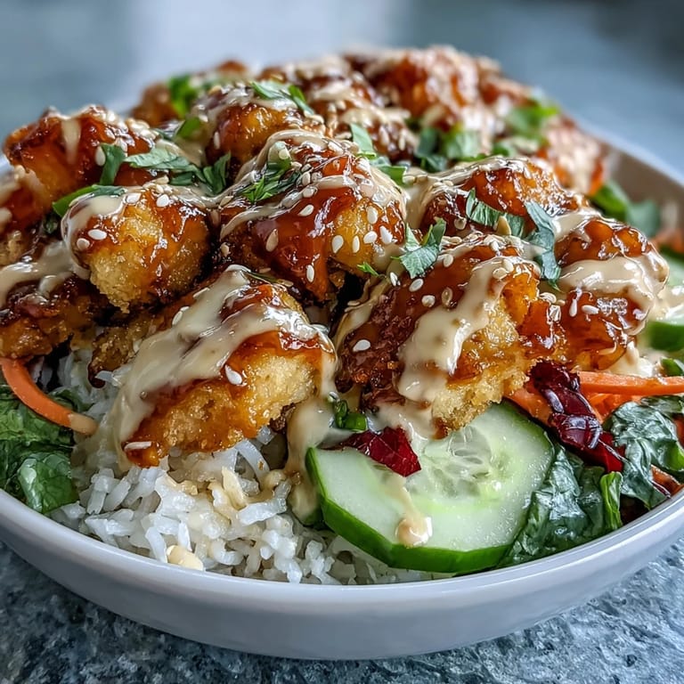 Served with fresh cilantro, this Bang Bang Chicken Bowl features tender chicken and colorful vegetables arranged neatly on a bed of warm rice.