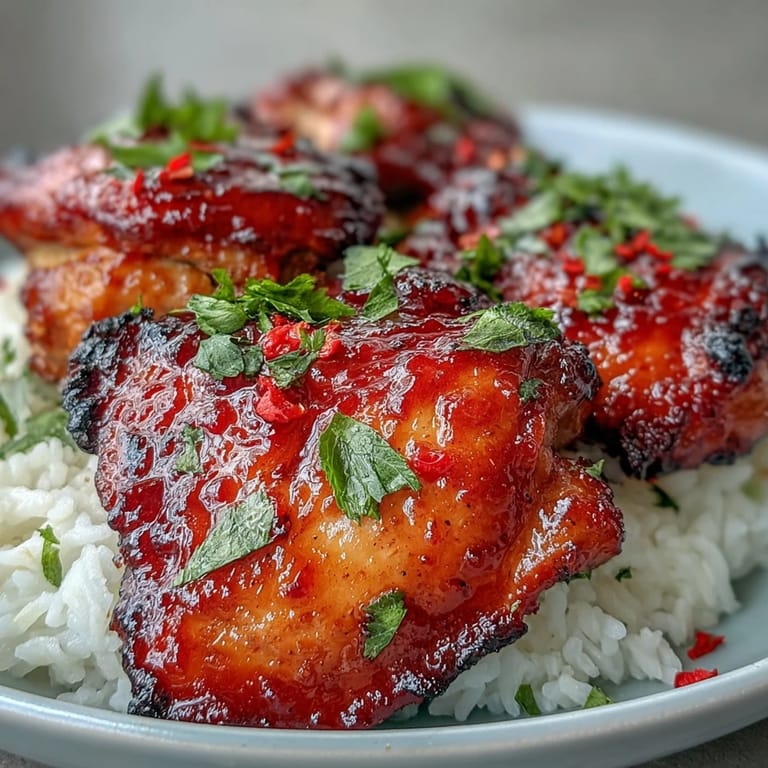 Tender baked chicken with a sweet and spicy maple glaze, served alongside aromatic coconut rice and fresh cilantro garnish.