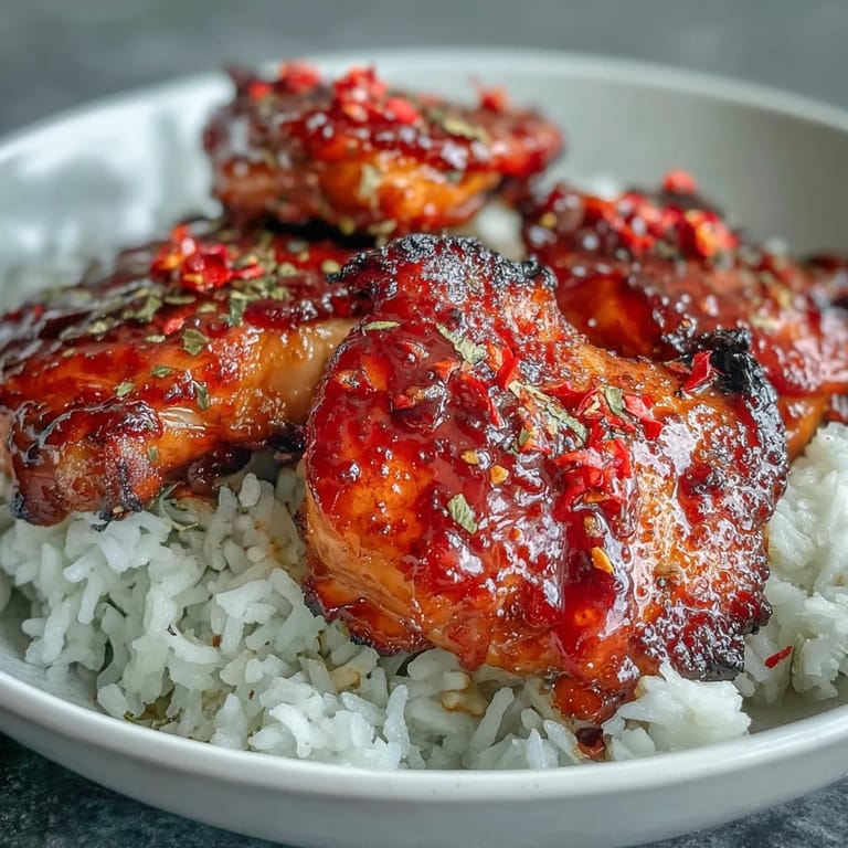 Spicy Maple Chicken and coconut rice plated with vibrant green cilantro and lime, showcasing a sticky, caramelized glaze.