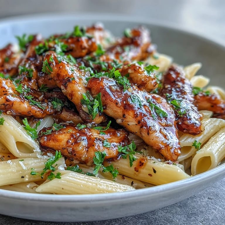 Freshly chopped parsley and grated Parmesan cheese garnish this warm Honey Pepper Chicken Pasta, served alongside a simple green salad for a complete meal.