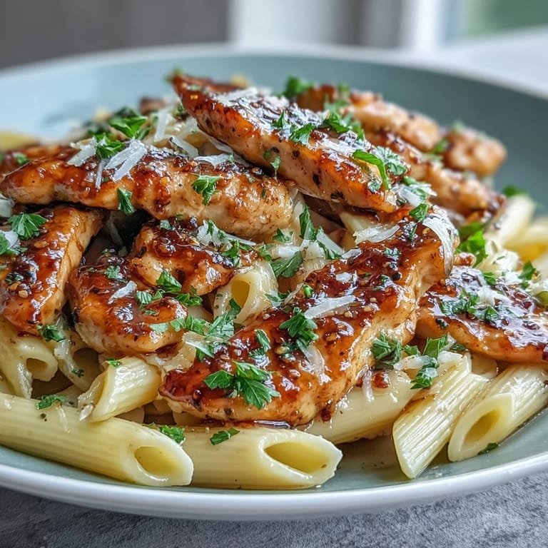 A close-up of sizzling Honey Pepper Chicken Pasta in a skillet, steam rising from tender chicken coated in honey and black pepper sauce.