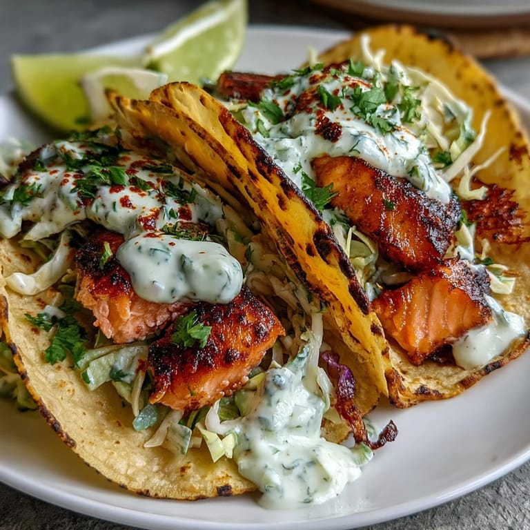 Easy weeknight dinner platter: Air Fryer Salmon Tacos with Slaw, showing vibrant purple cabbage and avocado slices for extra freshness.