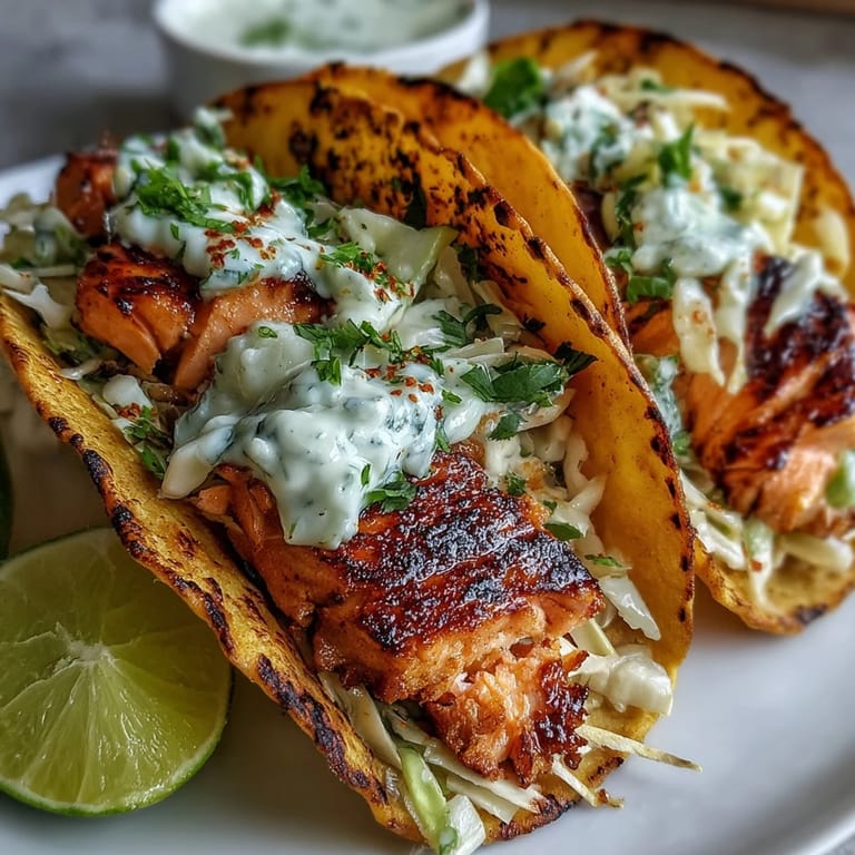 Close-up of golden Air Fryer Salmon Tacos with Slaw garnished with fresh cilantro, served with lime wedges on a rustic plate.