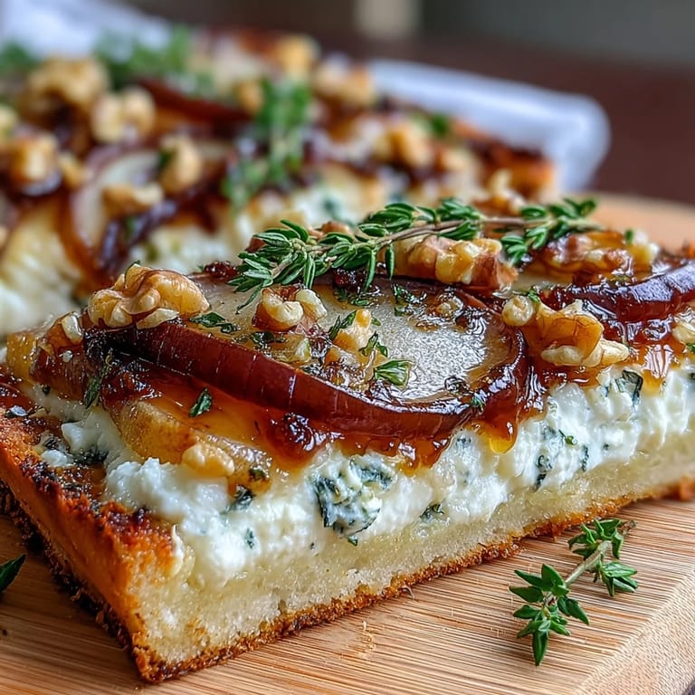 Appetizer platter of Goat Cheese & Pear Flatbread with juicy pear slices and spicy-sweet hot honey, ready to serve.