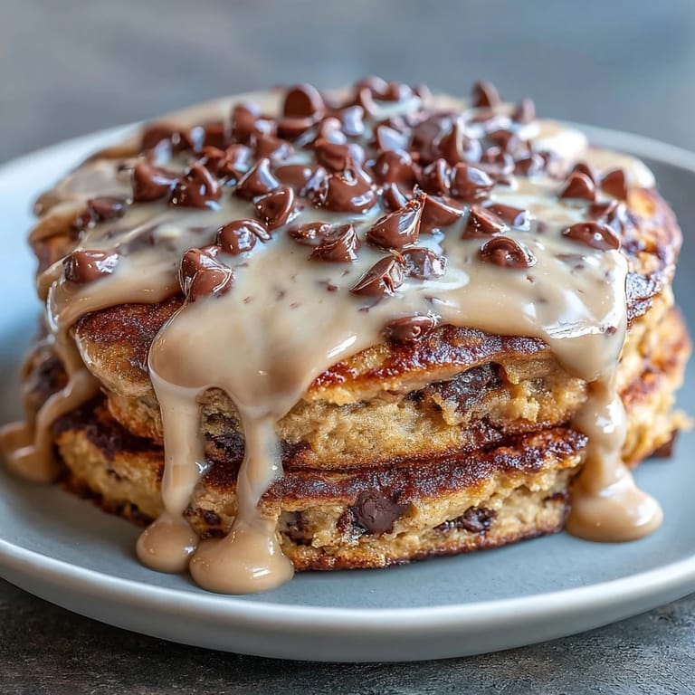 A rich, high-protein Peanut Butter Cup Protein Pancake bowl finished with a peanut butter drizzle and mini chocolate chips.