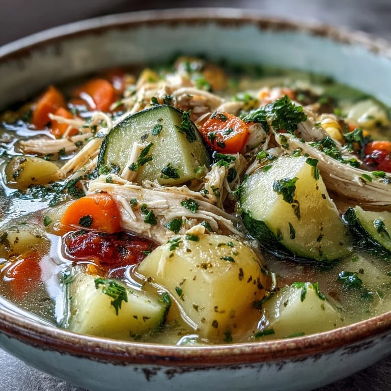Spoon lifting a creamy serving of Ranch Chicken Veggie Soup from a pot, with crusty bread alongside for dipping.