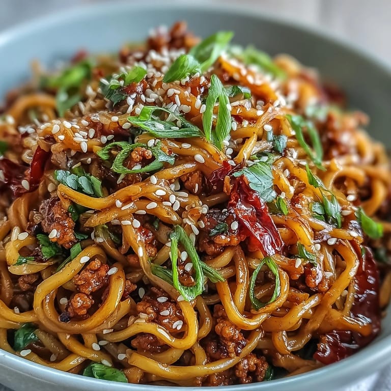 Sizzling skillet of Korean Turkey Fried Noodles tossed with julienned carrots, red peppers, and shiitake mushrooms.