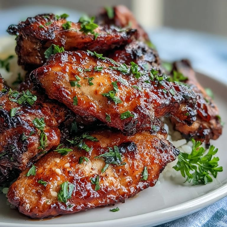 Golden Oven-Baked Honey Garlic Chicken Wings & Rice glistening with sticky honey garlic BBQ glaze on a platter.