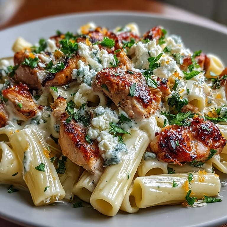 A plated serving of Creamy Lemon Feta Chicken Pasta garnished with chopped parsley and extra feta, alongside a glass of crisp white wine on a rustic table.