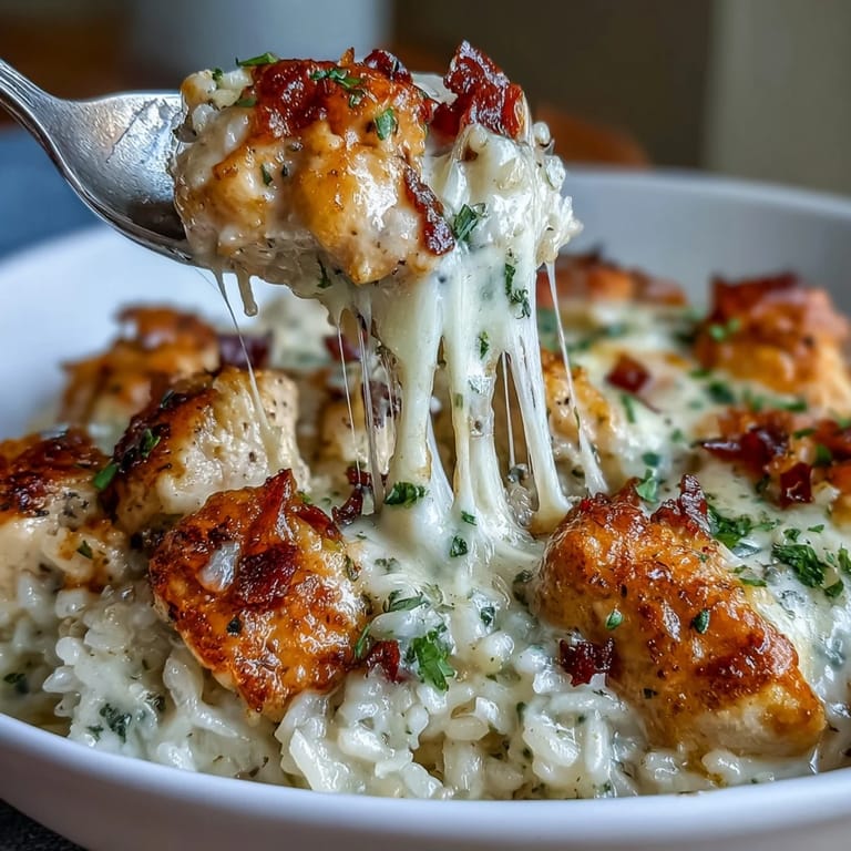 Shredded chicken, corn, and red bell pepper peek through the creamy rice base of this hearty casserole.