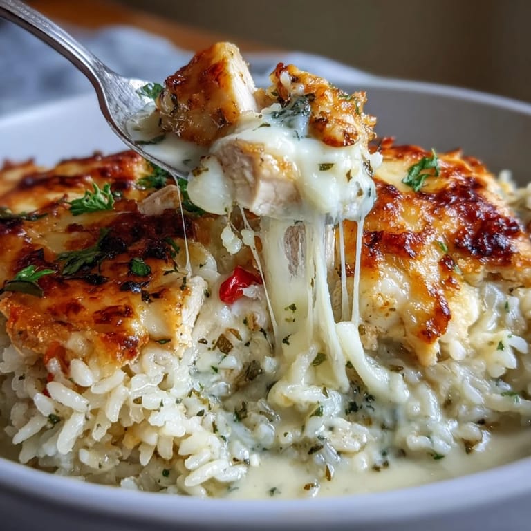 A spoon scoops a serving of the savory Creamy Garlic Chicken & Rice Casserole alongside a fresh green salad.
